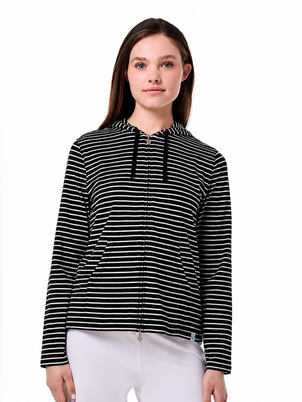 Coolibar UPF 50+ Black & White Striped Full-Zip Hoodie sun protection large - Picture 2 of 9